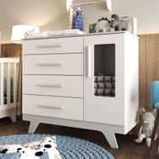 Cômoda Infantil Em MDF Retrô Organizadora 1 Porta Com Acrílico 4 Gavetas 1 Cabideiro Branco e Cinza