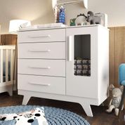 Cômoda Infantil Em MDF Design Retrô Organizadora 1 Porta Com Acrílico 4 Gavetas 1 Cabideiro Branco