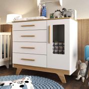 Cômoda Infantil Em MDF Retrô Organizadora 1 Porta Com Acrílico 4 Gavetas 1 Cabideiro Branco e Marrom