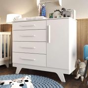 Cômoda Infantil Em MDF Grande Design Retrô Organizadora 1 Porta 4 Gavetas 1 Cabideiro 1 Nicho Branco