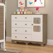 Cômoda Infantil Em MDF Retrô Organizadora 1 Porta Com Acrílico 4 Gavetas 1 Cabideiro Branco e Marrom