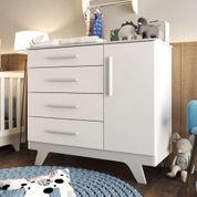 Cômoda Infantil Em MDF Design Retrô Organizadora 1 Porta 4 Gavetas 1 Cabideiro 1 Nicho Branco Cinza
