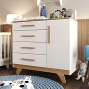 Cômoda Infantil Em MDF Design Retrô Organizadora 1 Porta 4 Gavetas 1 Cabideiro 1 Nicho Branco Marrom