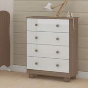 Cômoda Infantil Em MDF Organizadora Baixa Com Pés Simples 4 Gavetas Multiuso Quarto Branca e Marrom