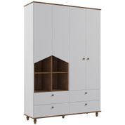 Guarda Roupa Infantil Branco Marrom MDF Gavetas Telescópicas Pés Madeira 4 Portas Roupeiro Casinha