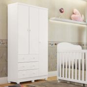 Guarda Roupa Infantil Em MDF Design Retrô 3 Portas 3 Gavetas 3 Prateleiras Cabideiro Branco