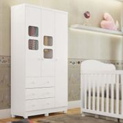 Guarda Roupa Infantil Em MDF Retrô Detalhes em Acrílico 3 Portas 3 Gavetas 3 Prateleiras Branco