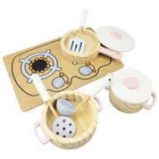 Kit Panelas Infantil Fogão Cooktop de Brinquedo Madeira Rosa