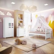 Quarto Infantil Guarda Roupa 3 Portas Cômoda 4 Gavetas com Fraldário Ariel Cama da Babá Júlia Branco Brilho Carolina Baby