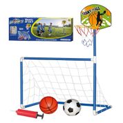 KIT TABELA DE BASQUETE E MINI TRAVE DE FUTEBOL GOL A GOL 2 EM 1 INFANTIL COM REDE 2 BOLAS E BOMBA DE ENCHIMENTO