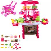 KIT 3 EM 1 MINI COZINHA INFANTIL E MERCADO FORNO FOGAO PANELAS TALHERES 56 ACESSORIOS COMPLETA