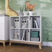 Estante Infantil Armário Organizador Multiuso 6 Nichos Pés Marrom Madeira Design Retrô Branco