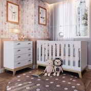 Kit Quarto Infantil Conjunto Berço Para Bebê 3 em 1 Mini Cama 3 Regulagens Cômoda 4 Gavetas Branco