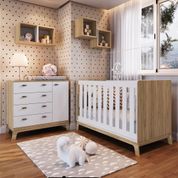 Kit Conjunto Quarto Infantil Berço Americano 3 em 1 Cômoda 4 Gavetas 1 Porta 3 Nichos Branco Marrom