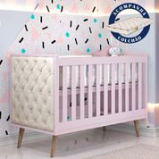 Berço Americano Mini Cama Retrô com Capitonê com Colchão Lorena Rosa Fosco Carolina Baby