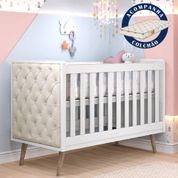 Berço Americano Mini Cama Retrô com Capitonê com Colchão Lorena Branco Fosco Carolina Baby