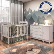 Quarto de Bebê Cômoda com Fraldário Taís Berço 3 em 1 com Colchão Lila Branco Carolina Baby