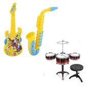 KIT INSTRUMENTOS MUSICAIS INFANTIL MICKEY SAXOFONE GUITARRA PANDEIRO E BATERIA MUSICAL SUPER ROCKY