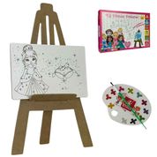Kit Pintura Infantil Princesas Com Cavalete de Madeira + 4 Telas + 6 Tintas - Brincadeira de Criança