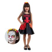 Fantasia de Halloween Infantil Caveira Mexicana Com Maquiagem