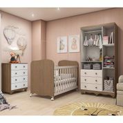 Quarto Infantil com Berço Americano Guarda Roupa 3 Portas 3 Gavetas Cômoda 4 Gavetas Móveis Peroba Branco/Carvalho