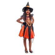 Fantasia de Bruxa Com Chapéu e Luvas Angeline Laranja Halloween Infantil