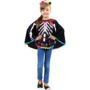 Fantasia Caveira Mexicana Infantil Menina Poncho Esqueleto Com Tiara