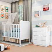 Quarto Infantil com Berço Mini Cama Cloe e Cômoda 4 Gavetas Móveis Peroba Branco