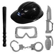 Kit Policial Militar Brinquedo Infantil Capacete Algemas e Acessórios 6 Peças