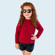 Blusa de Tricô Losangos Com Bordado Tricô Kids Vermelho