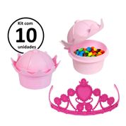 Kit 10 Pote de Doces e Lembranças para Festa Coroa e 10 Tiara de Princesa Rosa