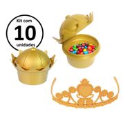 Kit 10 Pote de Doces e Lembranças para Festa Coroa e 10 Tiara de Princesa Dourado