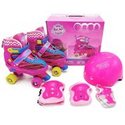 Patins Roller + Proteção Completo Infantil Quad Menina Rosa