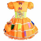 Vestido Caipira Junina Infantil Laranja Neon Luxo Com Bolsa PP 3 - 4