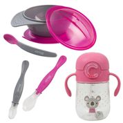 Kit Alimentação Bebê Pratinho Rosa Com Ventosa + 2 Colheres Ponta Silicone + Copo 300ml - Original Clingo Presente