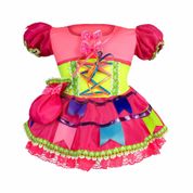 Vestido Caipirinha Junino Bebê 0 á 2 Anos Rosa Neon Com Bolsa M - 1 a