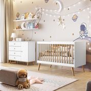 Quarto de Bebê Retrô Lígia Cômoda Fraldário Berço Grade de Madeira Branco