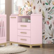 Cômoda Gaveteiro Quarto Infantil Alegria 1 Porta 1 Prateleira 3 Gavetas 2 Nichos 100% MDF Rosa Chá