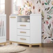 Cômoda Gaveteiro Quarto Infantil Alegria 1 Porta 1 Prateleira 3 Gavetas 2 Nichos 100% MDF Branco