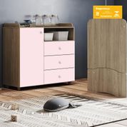 Cômoda Gaveteiro Quarto Infantil Cafuné 1 Porta 1 Prateleira 2 Nichos MDF Marrom Rústico Rosa Chá