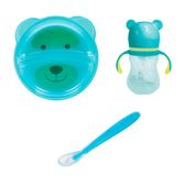 Kit Alimentação Introdução Alimentar Ursinho 3 Peças- Copo + Pratinho com divisória + 1 Colher de Silicone Buba Azul