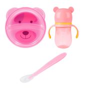 Kit Alimentação Introdução Alimentar Ursinho 3 Peças- Copo + Pratinho com divisória + 1 Colher de Silicone Buba Rosa