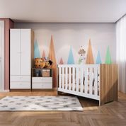 Kit Quarto Infantil Berço Com Colchão 3 em 1 Armário 2 Portas Cômoda 2 Gavetas Marrom Madeira Branco