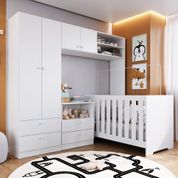 Kit Quarto Bebê Infantil Conjunto Completo Berço 3 em 1 Cômoda Guarda Roupa 4 Portas Branco