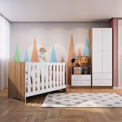 Kit Quarto Infantil Berço Cama Americano 3 em 1 Armário 2 Portas Cômoda 2 Marrom Madeira e Branco