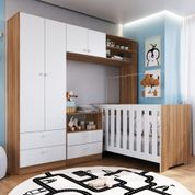 Kit Quarto Bebê Infantil Conjunto Completo Berço 3 em 1 Cômoda Guarda Roupa Marrom Madeira Branco