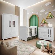 Quarto Infantil Completo Guarda Roupa 4 Portas Cômoda 4 Gavetas com Porta Ariel Berço 3 em 1 Gabrielle Br Brilho Carolina Baby