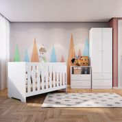 Kit Quarto Infantil Berço Mini Cama Americano 3 em 1 Armário 2 Portas Cômoda 2 Gavetas Branco