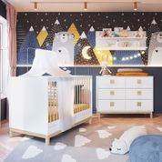 Kit Quarto Infantil Berço Mini Cama 3 Em 1 Cômoda Gaveteiro 6 Gavetas Prateleira Decorativa Branco