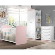 Quarto Infantil completo João e Maria Multimóveis Branco/Rosa com Berço + Guarda roupa + cômoda